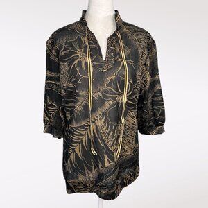 Vintage Black Gold Floral Blouse Medium Added Dimensions